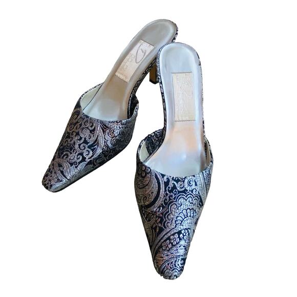 Silver metallic brocade high heels dressy retro slip ons mules slides US 9.5M - Picture 8 of 8